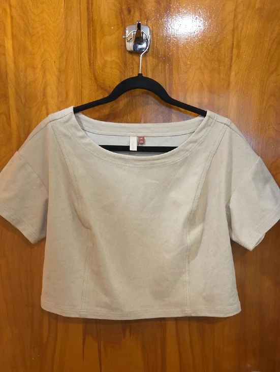Pilcro Anthropologie Faux Suede Crop Top Beige Tan Short Sleeve Sz L/XL - Picture 2 of 5